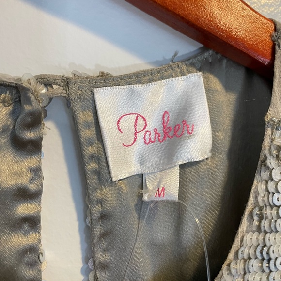 NWT PARKER Beaded Sequin Crew Neck Mini Shift Dress Tan Size M 100% Silk - Picture 10 of 13